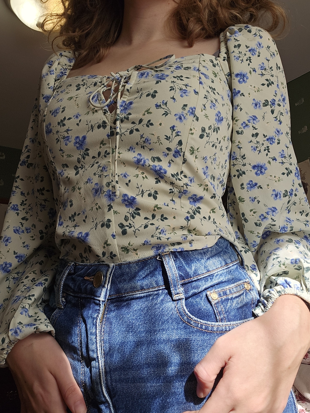 Abercrombie & Fitch Cream Blouse with Blue Floral Lace-Up Front